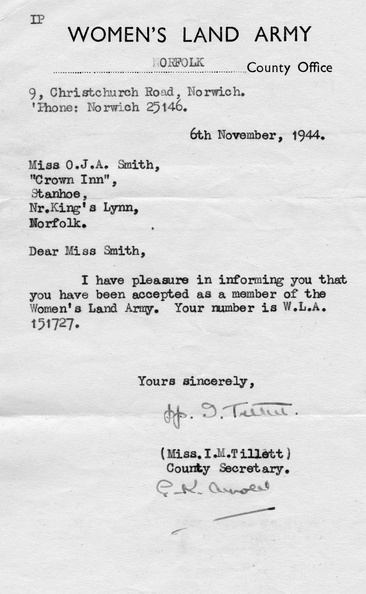 Land Army acceptance letter for Olive Smith, 1944