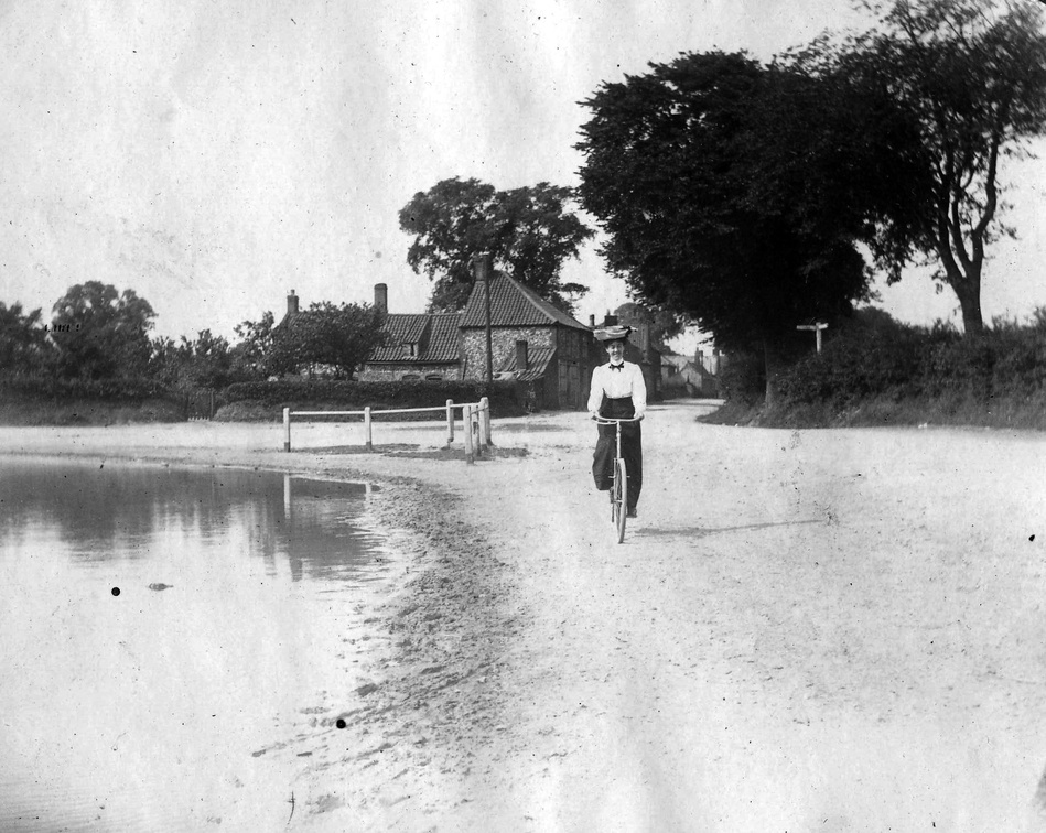 "Eastmoor Pit and 'The Shop'", looking west, with female cyclist, ? before 1920