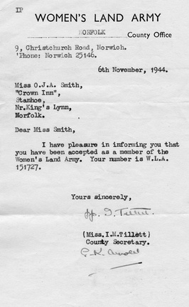 Land Army acceptance letter for Olive Smith, 1944
