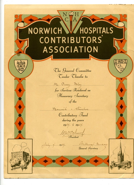 Certificate Norfolk & Suffolk Hospital Contributors Association 20 years 1937-57 Mr Percy Bloy. Loaned BG