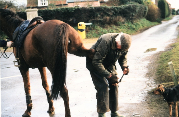 Dick Seaman shoeing Jeff Taylor's horse which cast a shoe opposite the Post Office. Jeff's hand at left of photo.