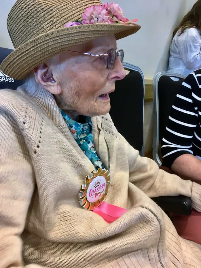 Mrs Ellen Finch with straw hat and birthday badge